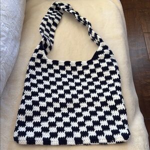 Hand crocheted dark blue and White Checkered Women's Bag